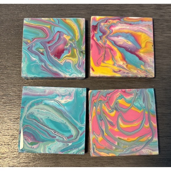 Handmade Other - Acrylic Pour Painted Square Wood With Epoxy Resin  Coasters Set Of 4